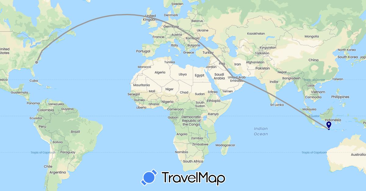 TravelMap itinerary: driving, plane, boat in Indonesia, Qatar, United States (Asia, North America)