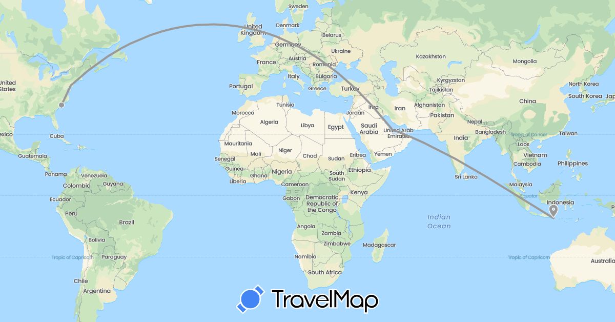 TravelMap itinerary: driving, plane in Indonesia, Qatar, United States (Asia, North America)
